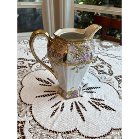 Nippon Other - Antique Nippon Hand-painted Pitcher In Gold, White, Pink